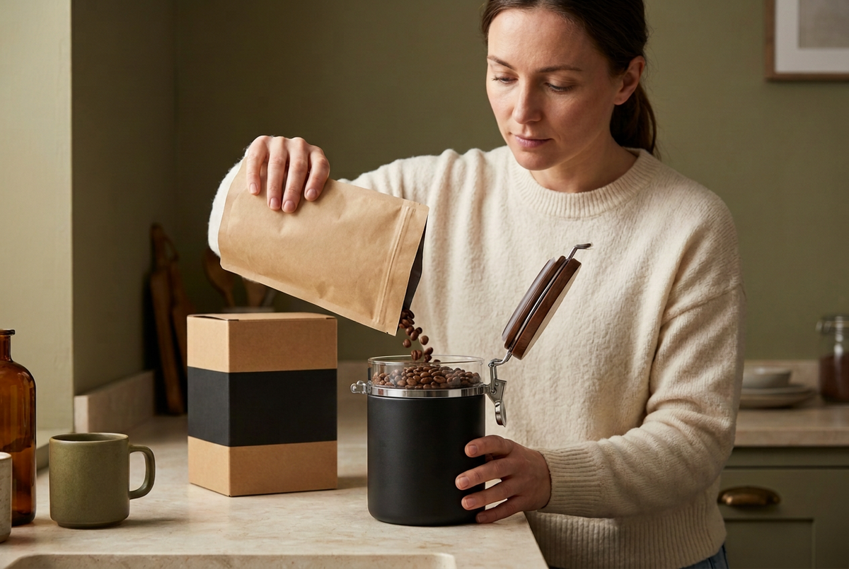 Woman refilling coffee bean canister