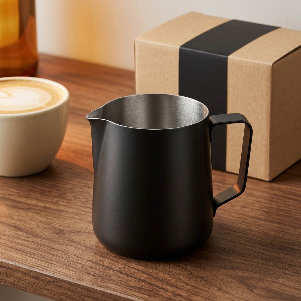 Black pitcher on walnut countertop