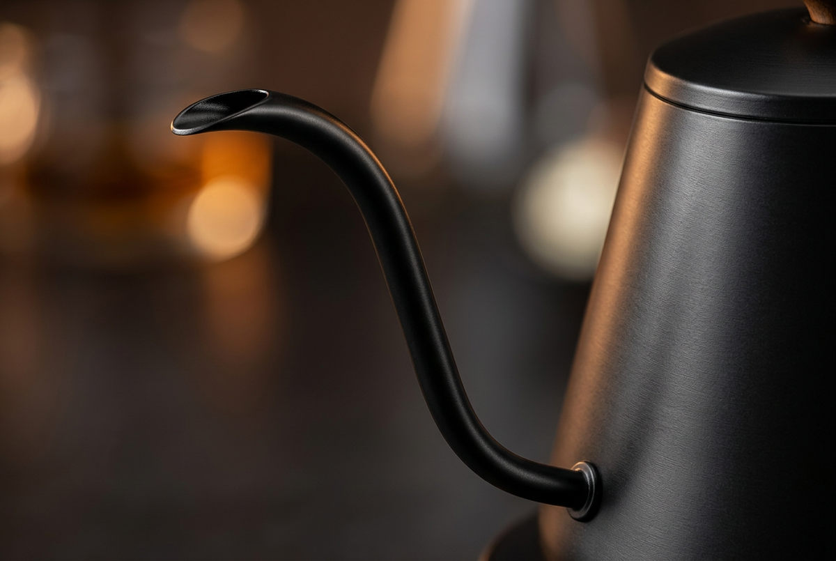 Close-up of curved black gooseneck spout
