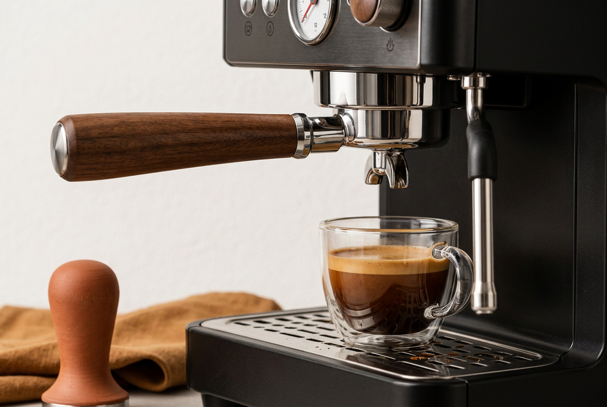 Close-up of wood-tone portafilter handle and espresso outlets