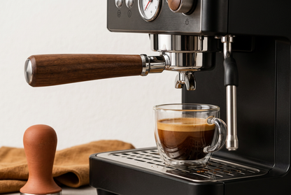 Close-up of wood-tone portafilter handle and espresso outlets