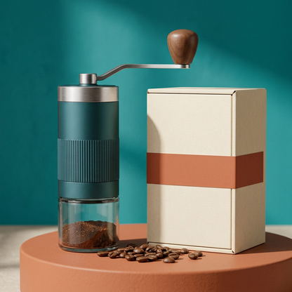 Teal hand-crank coffee grinder and matching plain box on a terracotta pedestal
