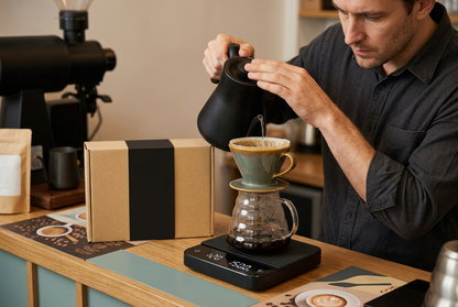 Man brewing pour-over coffee with black scale