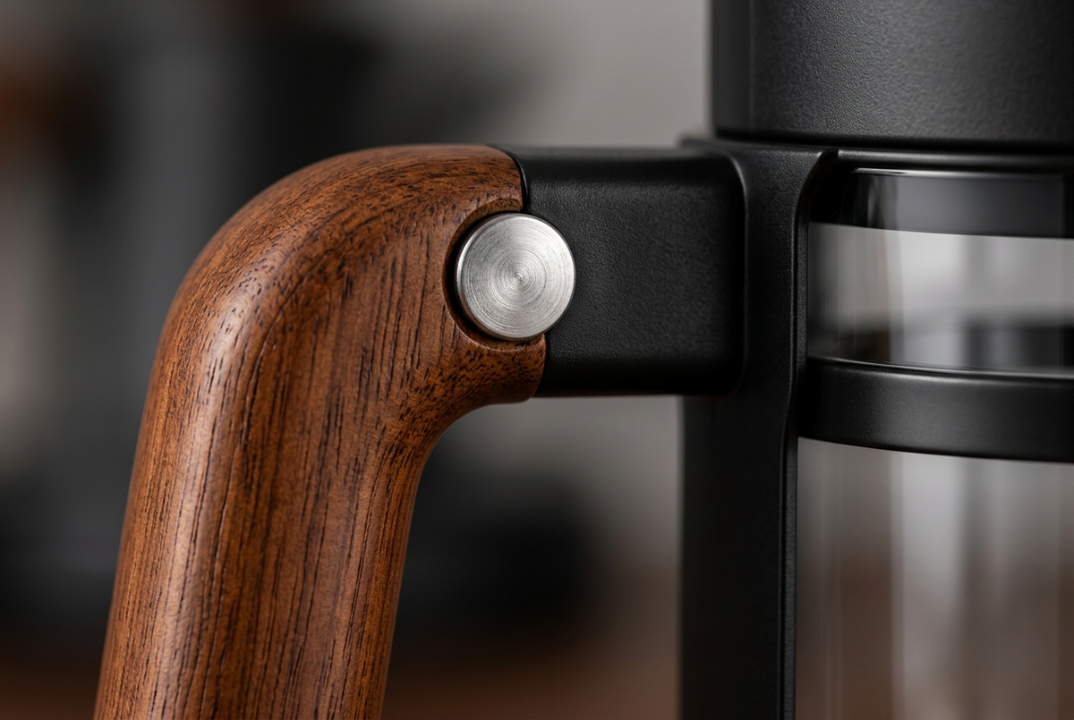 Wooden handle and silver-colored fastener detail