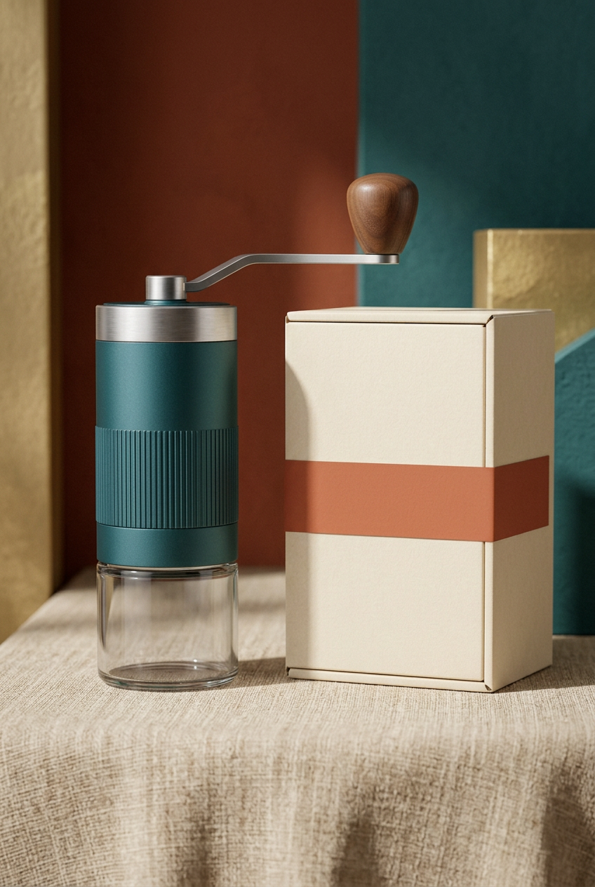 Complete teal grinder beside ivory packaging with a terracotta band and no logo
