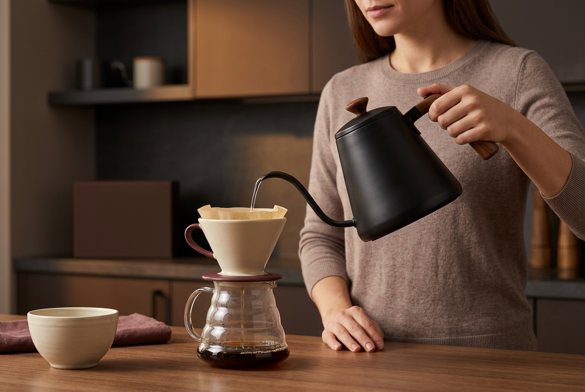 Woman using gooseneck kettle for pour-over coffee