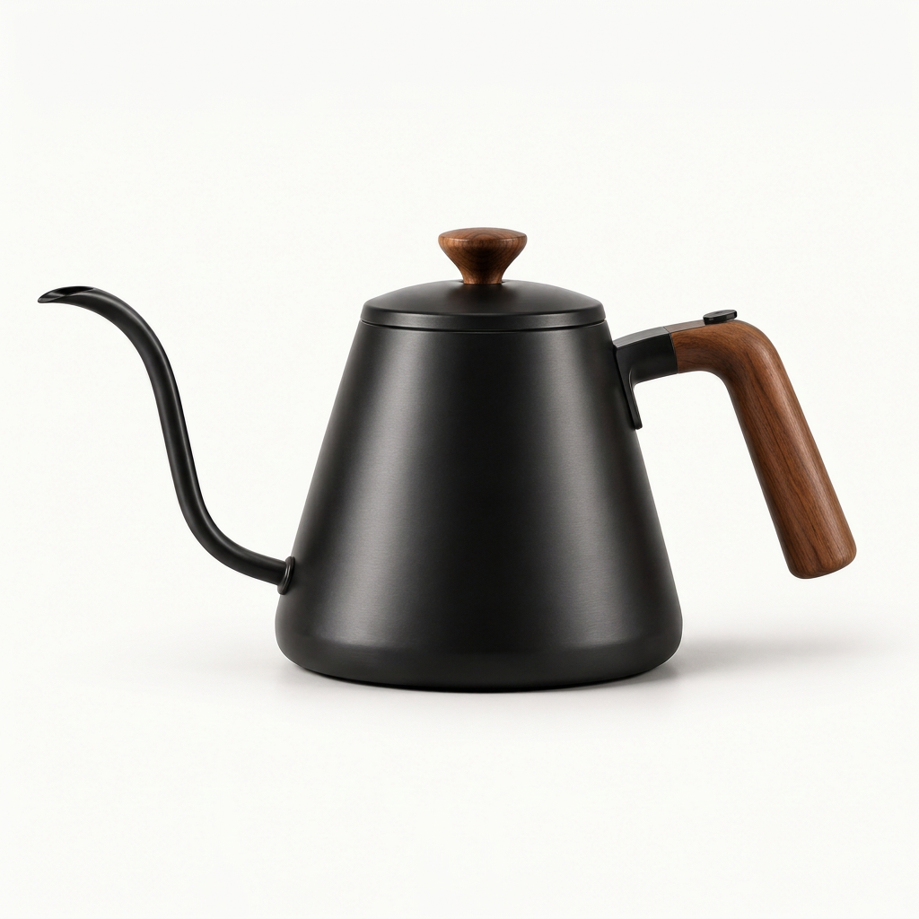 Black gooseneck kettle with brown handle on white background