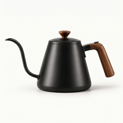 Black gooseneck kettle with brown handle on white background