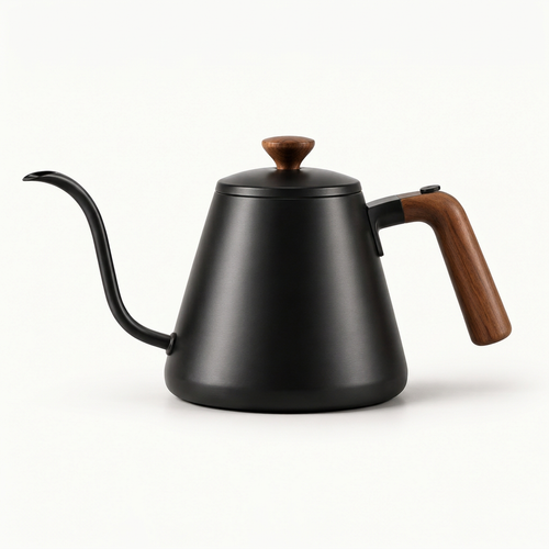 Black gooseneck kettle with brown handle on white background