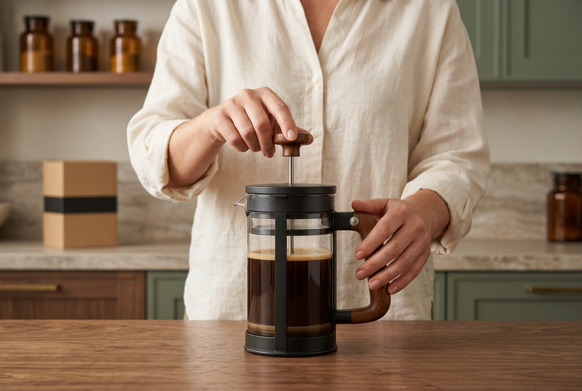 Woman pressing French press wooden knob